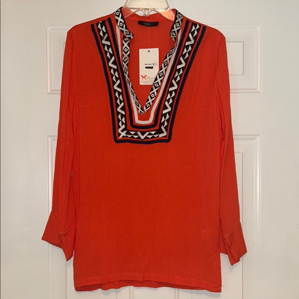 THML Embroidered Boho Tunic Top Women's M NWT Coral/Orange Geometric Trim